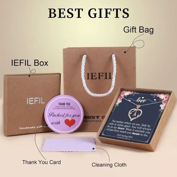 Sterling Silver Rose Heart Necklace with Initial, Gift Box, 18+2 Chain
